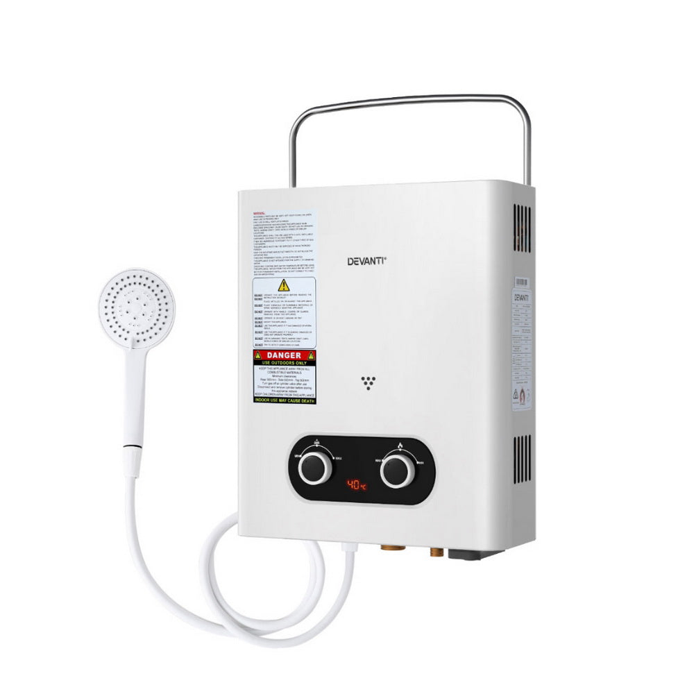 Devanti Portable Gas Water Heater 6LPM Outdoor Camping Shower White