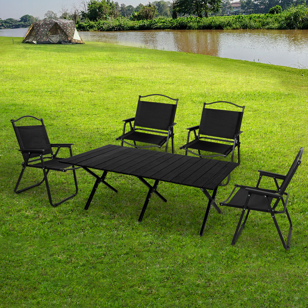 Levede Folding Camping Table Chair Set Black-1831592535009660935