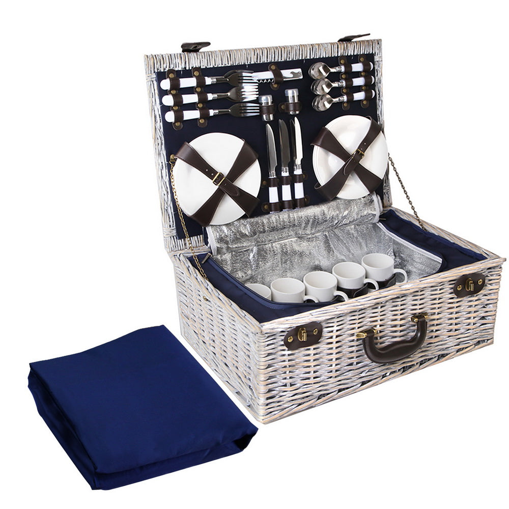 Alfresco 6 Person Picnic Basket - Insulated Cooler Bag - Navy Blanket