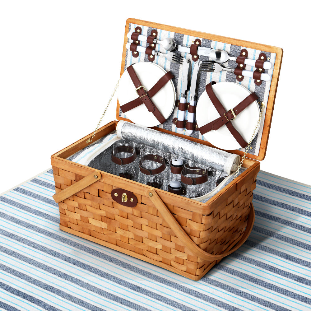 Alfresco Wooden 4 Person Picnic Basket Set with insulated Blanket