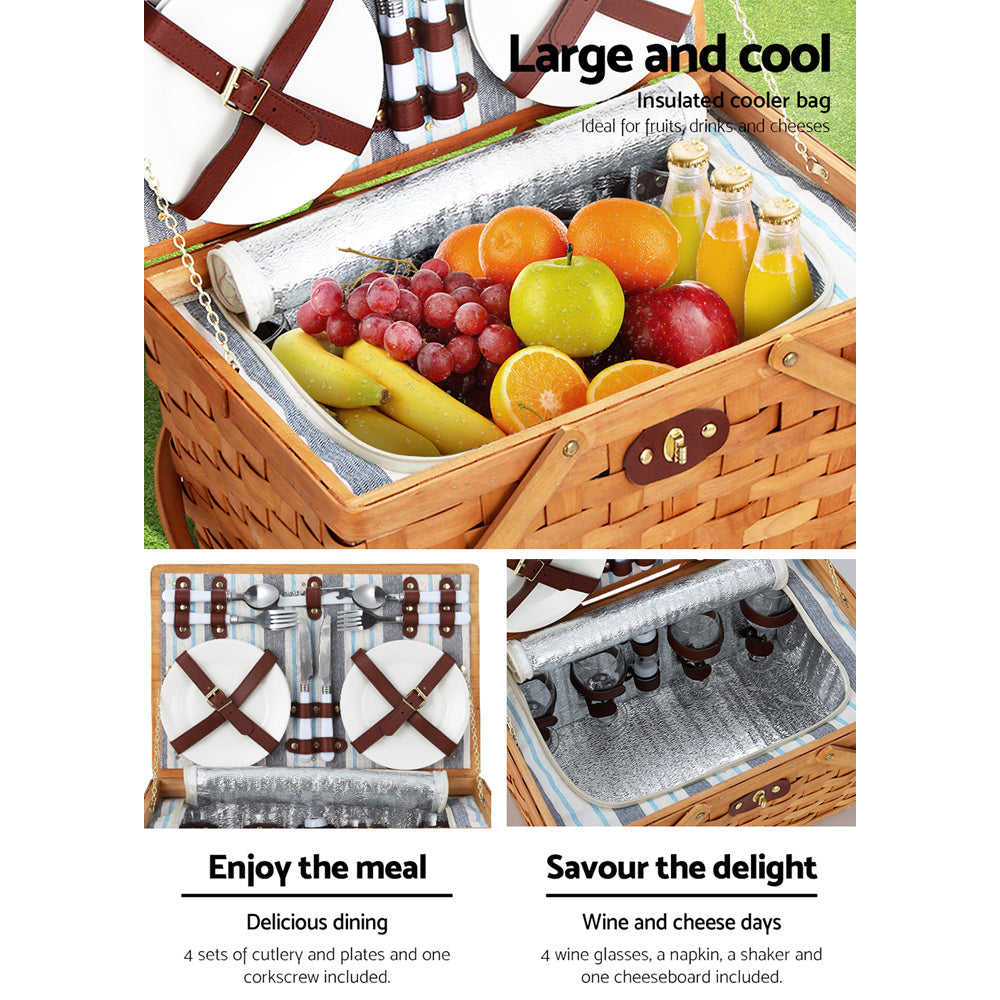 Alfresco Wooden 4 Person Picnic Basket Set with insulated Blanket