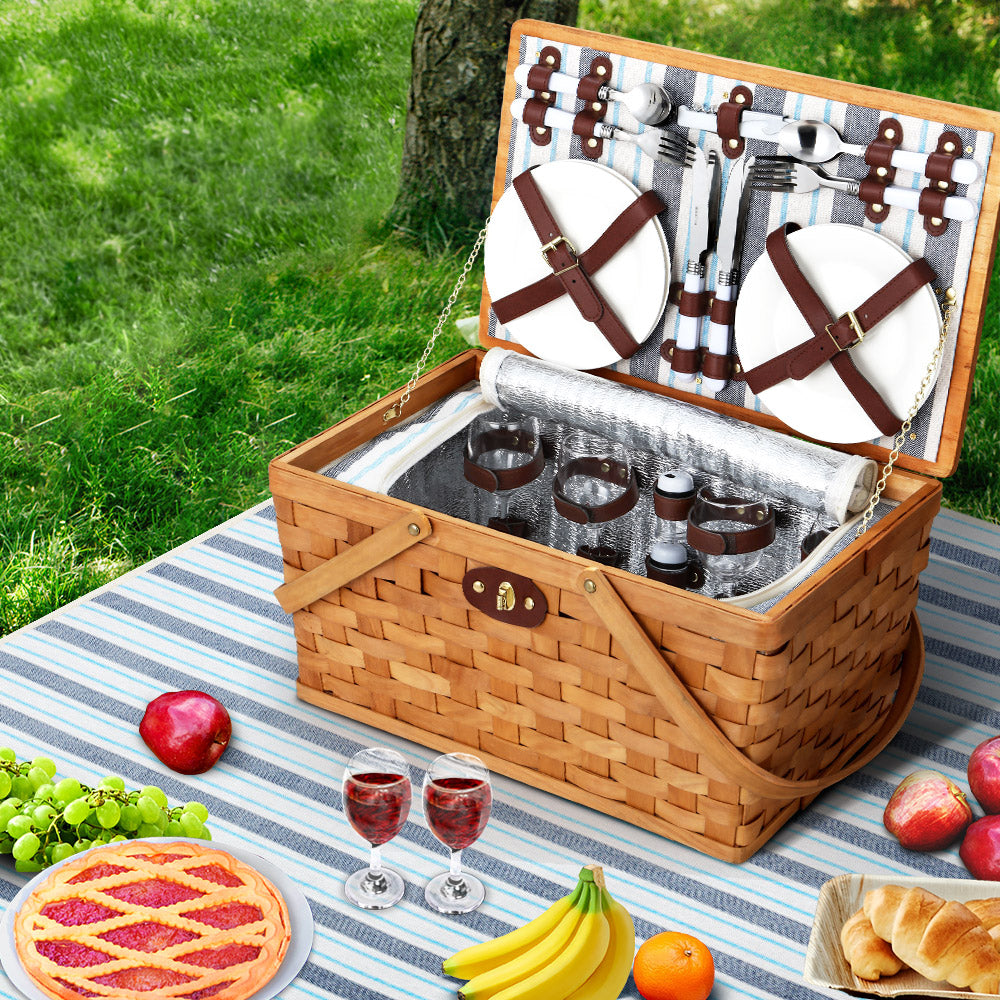 Alfresco Wooden 4 Person Picnic Basket Set with insulated Blanket