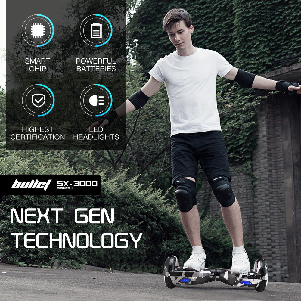 BULLET Electric Hoverboard Scooter 6.5 Inch Wheels, Colour LED Lighting, Carry Bag, Gen III Camo Grey