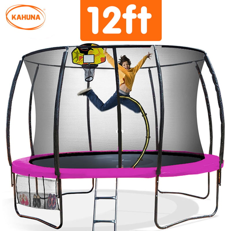 Kahuna 12ft Outdoor Trampoline Kids Children With Safety Enclosure Pad Mat Ladder Basketball Hoop Set - Pink