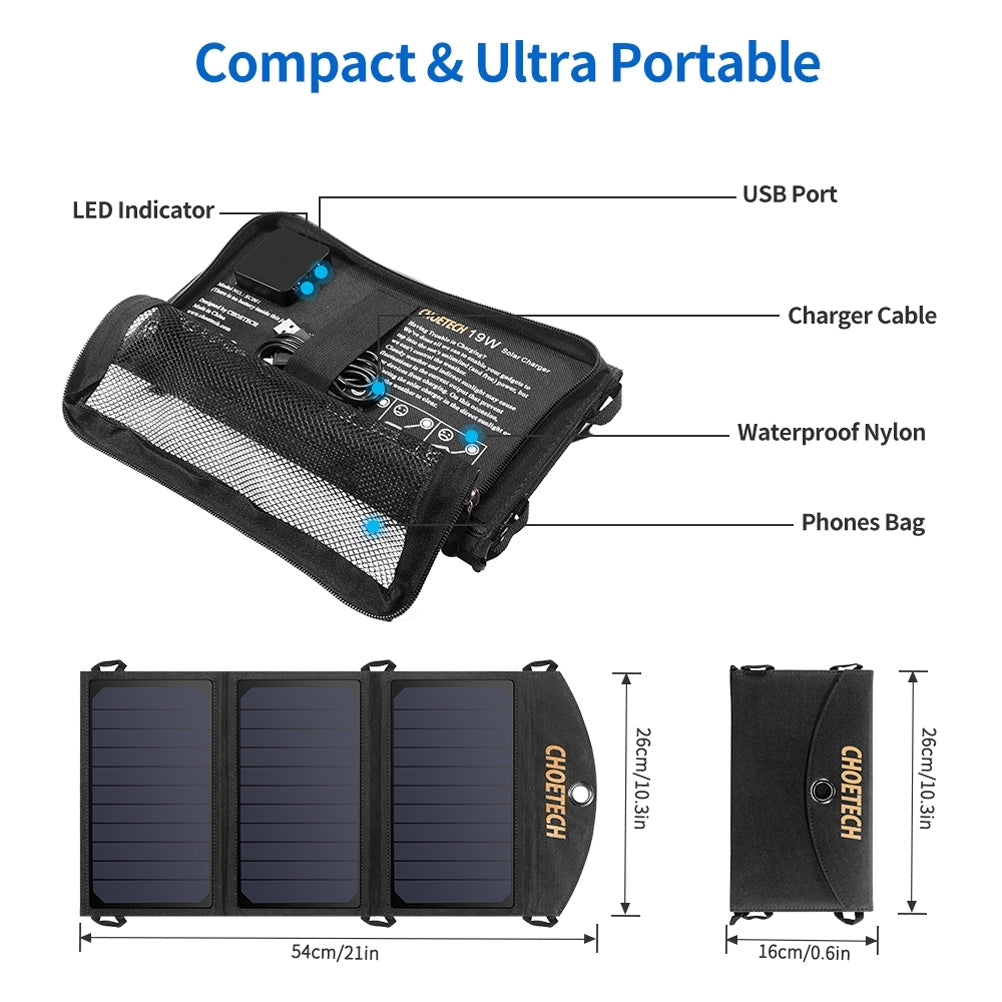 CHOETECH SC001 19W Portable Solar Panel Charger SunPower Panels Dual USB Charger for Camping/RV/Outdoors