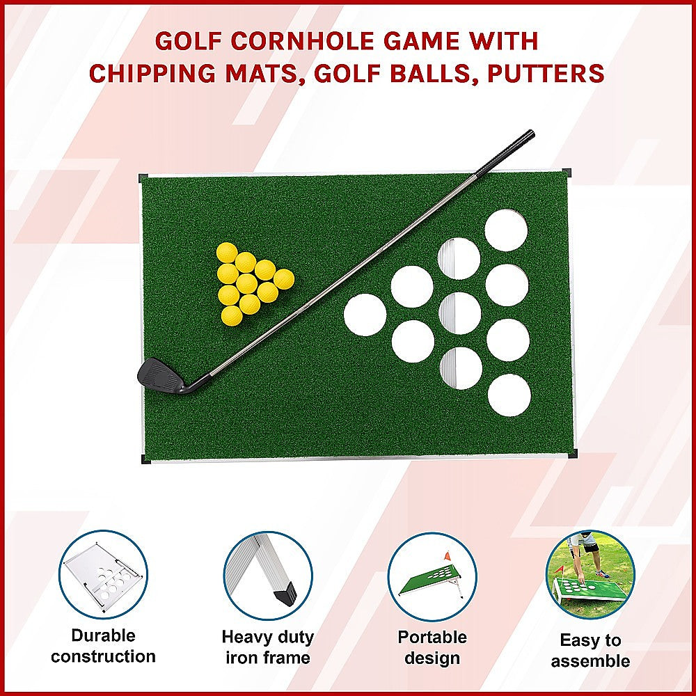 Golf Cornhole Game With Chipping Mats, Golf Balls, Putters