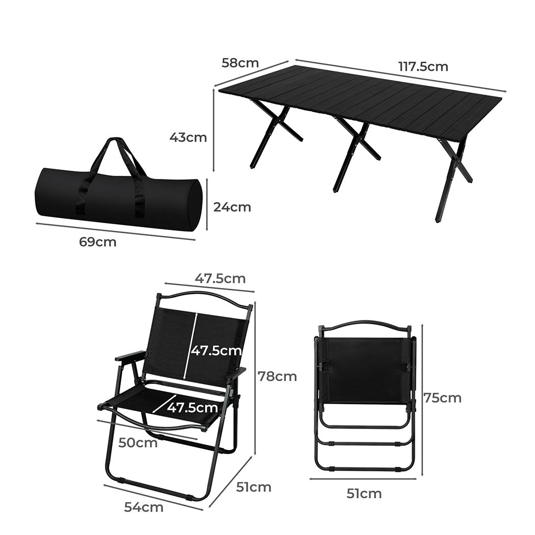 Levede Folding Camping Table Chair Set Black-1831592535009660930