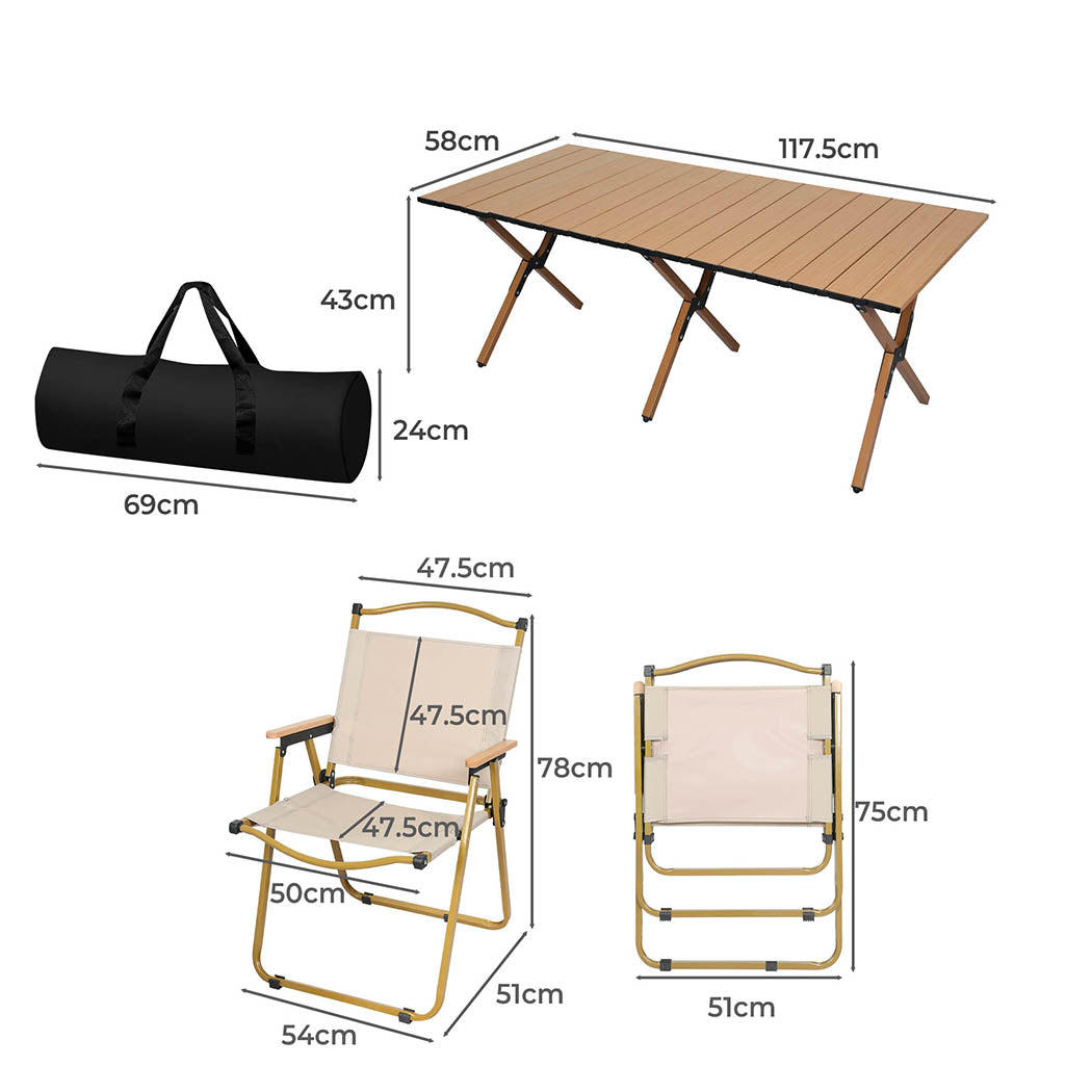 Levede Folding Camping Table Chair Set Oak-1831592523311747074