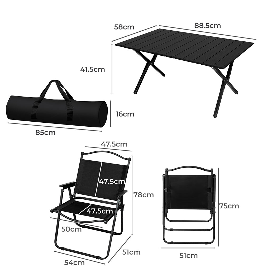 Levede Folding Camping Table Chair Set Black-1831592606644178946